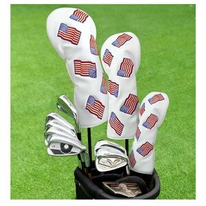 Set of 3 White American Flag Golf Head Covers Faux Leather